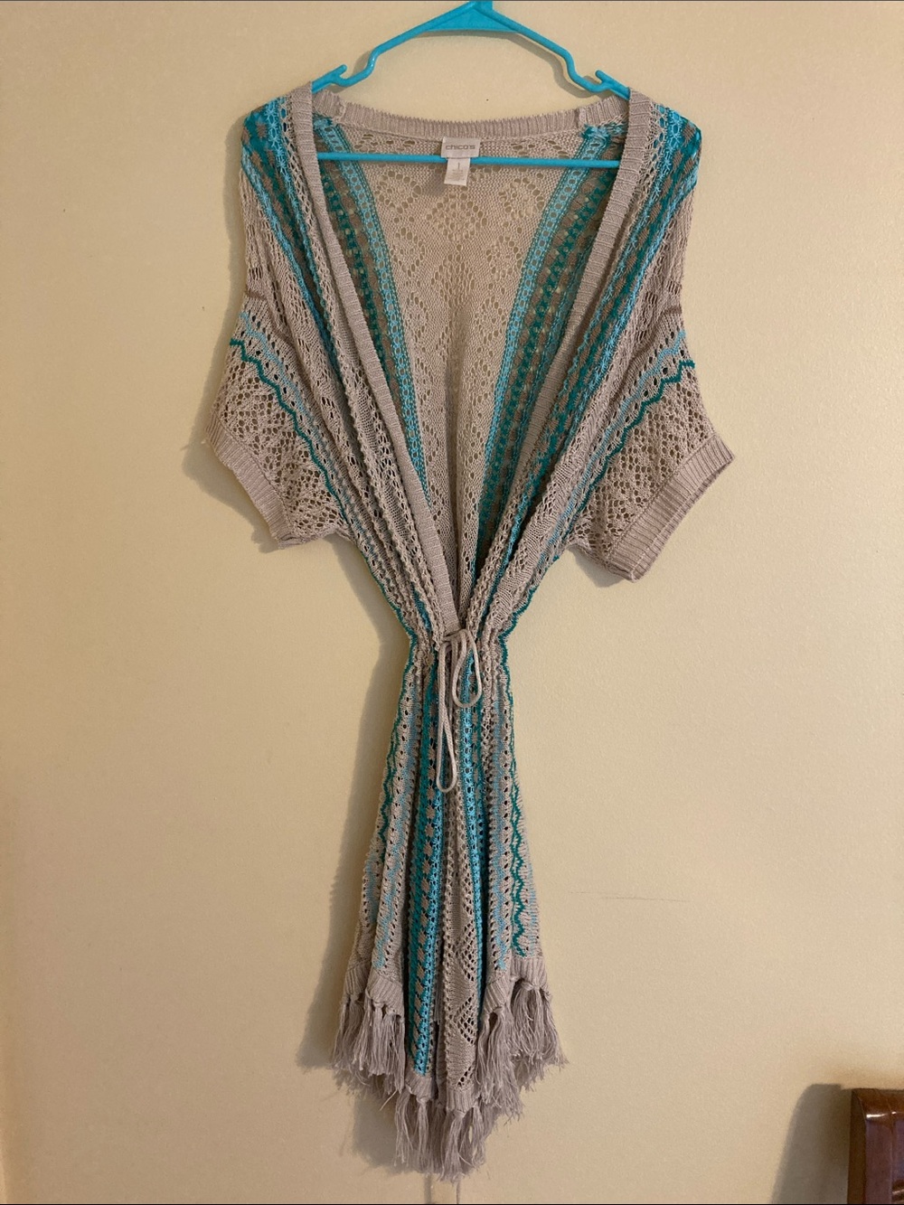Chico's Light Gray Open-Knit Cardigan with Teal Stripes